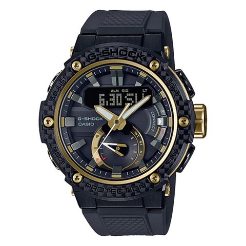 【CASIO 卡西歐】G-SHOCK 碳纖維典雅紳士運動手錶(黑金 GST-B200X-1A9)