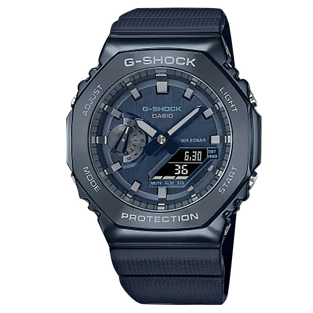 CASIO 卡西歐 G-SHOCK  / GM-2100N-2A /  軍事風格 八角金屬 雙顯 防水200米 橡膠手錶 藍色 45mm