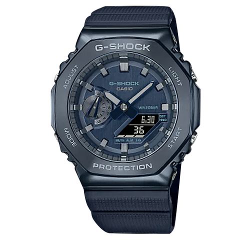 G-SHOCK CASIO / GM-2100N-2A / 卡西歐 軍事風格 八角金屬 雙顯 防水200米 橡膠手錶 藍色 45mm