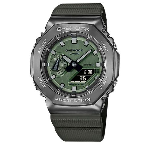 G-SHOCK CASIO / GM-2100B-3A / 卡西歐 軍事風格 八角金屬 雙顯 防水200米 橡膠手錶 綠x灰框 45mm