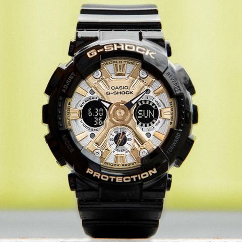▶時尚黑金款◀CASIO卡西歐 G-SHOCK 立體黑金 閃耀雙顯腕錶 母親節 禮物 GMA-S120GB-1A