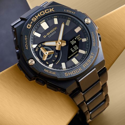 ▶新款到貨◀CASIO卡西歐 G-SHOCK 太陽能x藍牙連線 簡約黑金雙顯腕錶 母親節 禮物 GST-B500BD-1A9