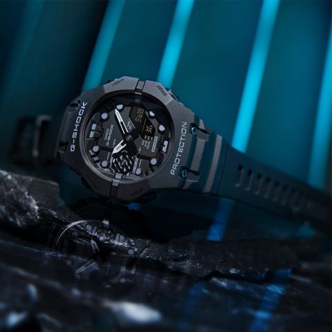 ▶錶圈創新設計◀CASIO卡西歐 G-SHOCK 藍牙連線 時尚錶圈雙顯腕錶-黑 母親節 禮物 GA-B001-1A