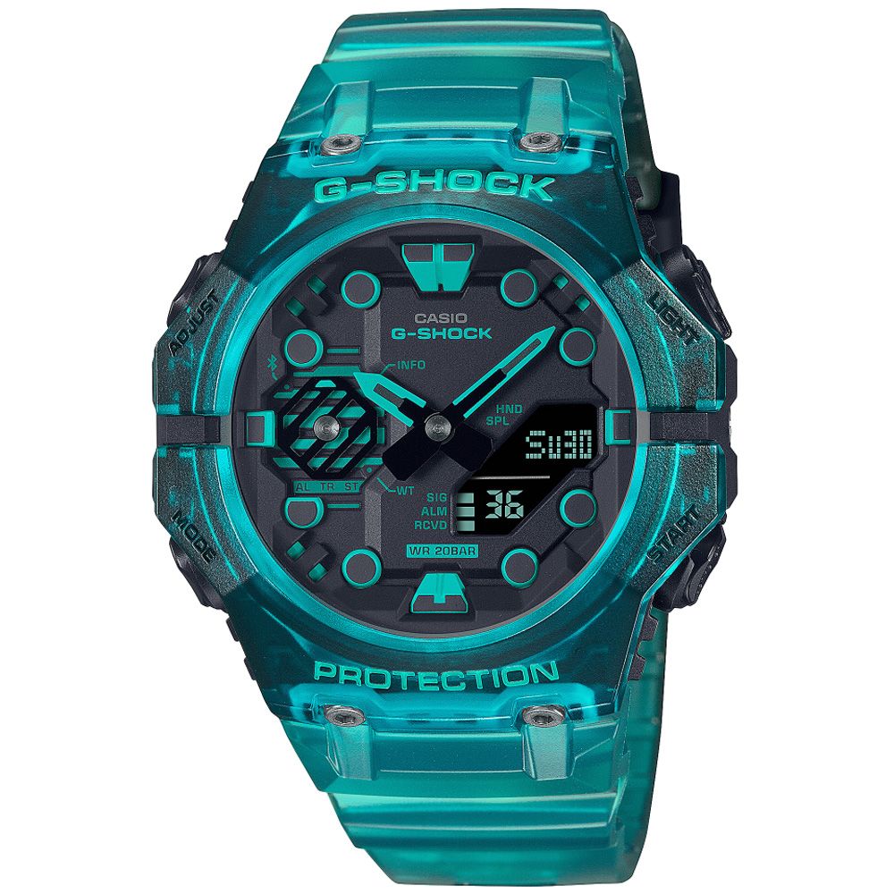 CASIO卡西歐G-SHOCK 藍牙連線時尚錶圈雙顯腕錶-透明藍GA-B001G-2A