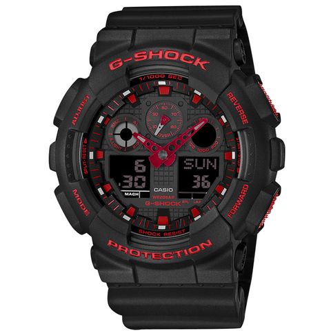 G-SHOCK CASIO / GA-100BNR-1A / 卡西歐 經典紅黑 雙顯 計時碼錶 防水200米 運動衝浪 橡膠手錶 黑色 51mm