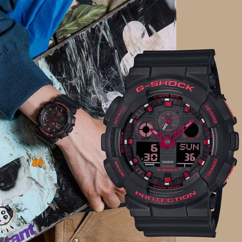 熱銷品牌▼日系手錶CASIO 卡西歐 G-SHOCK 火焰紅黑雙顯手錶 GA-100BNR-1A