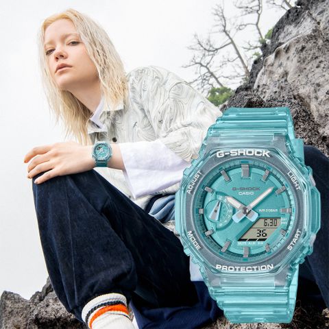 熱銷品牌▼日系手錶CASIO 卡西歐 G-SHOCK 女錶 八角農家橡樹 半透明雙顯手錶-藍 GMA-S2100SK-2A