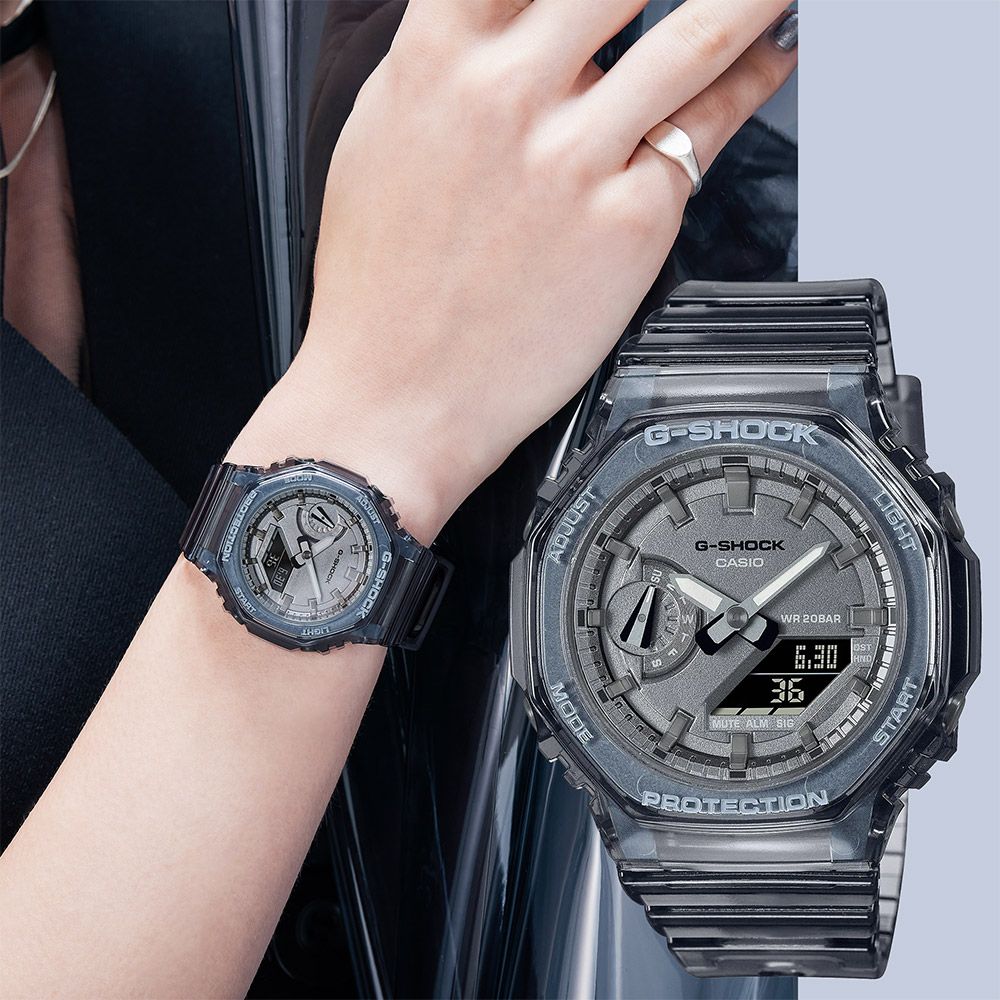 CASIO 卡西歐G-SHOCK 女錶八角農家橡樹半透明雙顯手錶-透黑(GMA