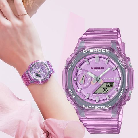 CASIO 卡西歐 G-SHOCK 女錶 八角農家橡樹 半透明雙顯手錶-粉 GMA-S2100SK-4A