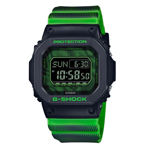 CASIO 卡西歐 G-SHOCK 時間扭曲 科幻獨特 摩爾紋路 螢光綠 DW-D5600TD-3_43.2mm