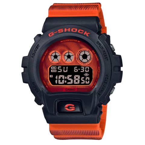 CASIO 卡西歐 G-SHOCK 時間扭曲 科幻獨特 摩爾紋路 螢光橘 DW-6900TD-4_50mm