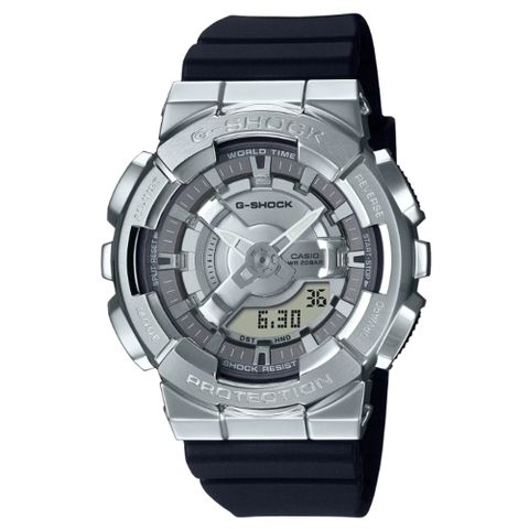 【CASIO】卡西歐 G-SHOCK 金屬色雙顯電子錶-百搭銀 GM-S110-1A