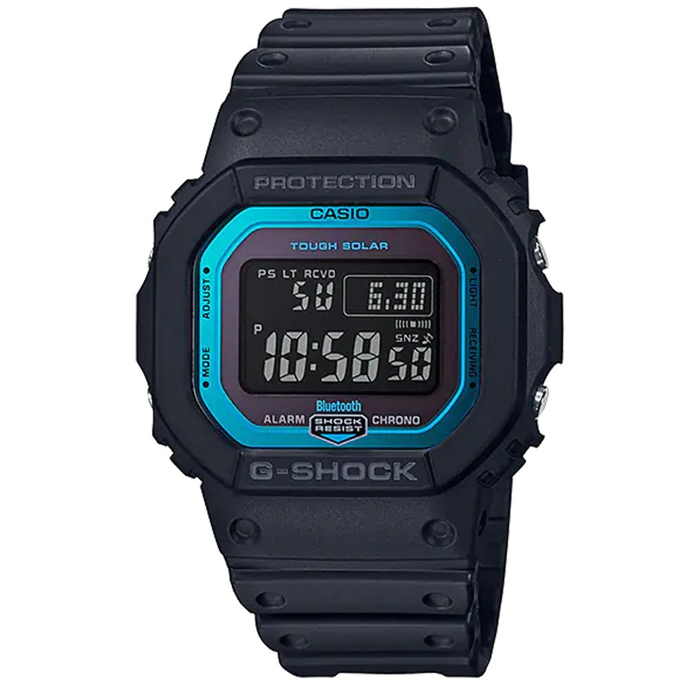 CASIO 卡西歐 G-SHOCK 原創經典方形太陽能藍芽電波橡膠腕錶/黑x藍框(GW-B5600-2)