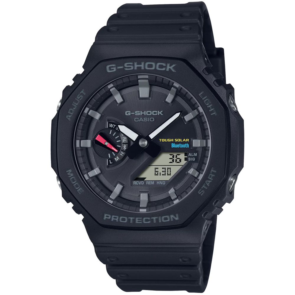 CASIO 卡西歐 G-SHOCK 八角錶殼耐衝擊運動太陽能藍芽雙顯腕錶/黑(GA-B2100-1A)