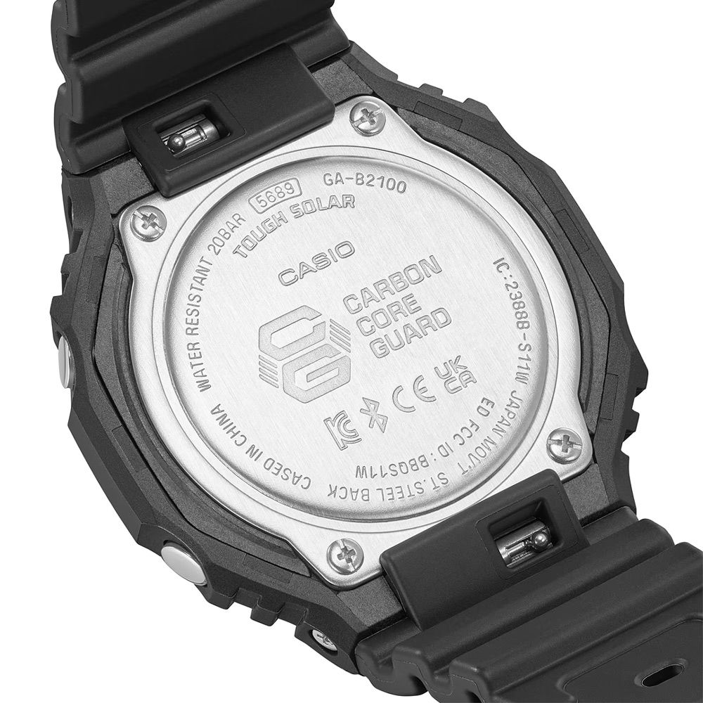 CASIO 卡西歐 G-SHOCK 八角錶殼耐衝擊運動太陽能藍芽雙顯腕錶/黑(GA-B2100-1A)