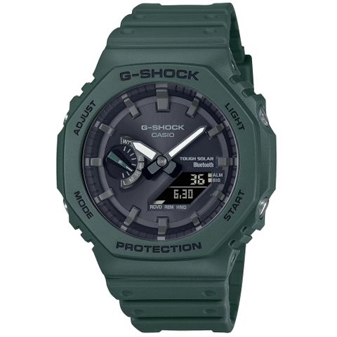 【CASIO 卡西歐】G-SHOCK 八角錶殼耐衝擊運動太陽能藍芽雙顯腕錶/綠(GA-B2100-3A)