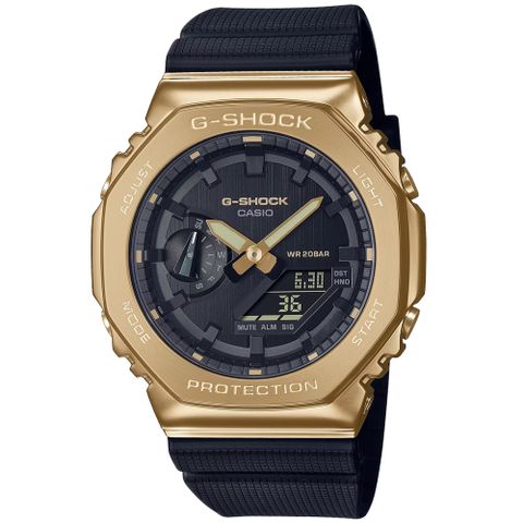 【CASIO 卡西歐】G-SHOCK 黑金霸王八角錶殼耐衝擊運動雙顯橡膠腕錶/黑x金框(GM-2100G-1A9)