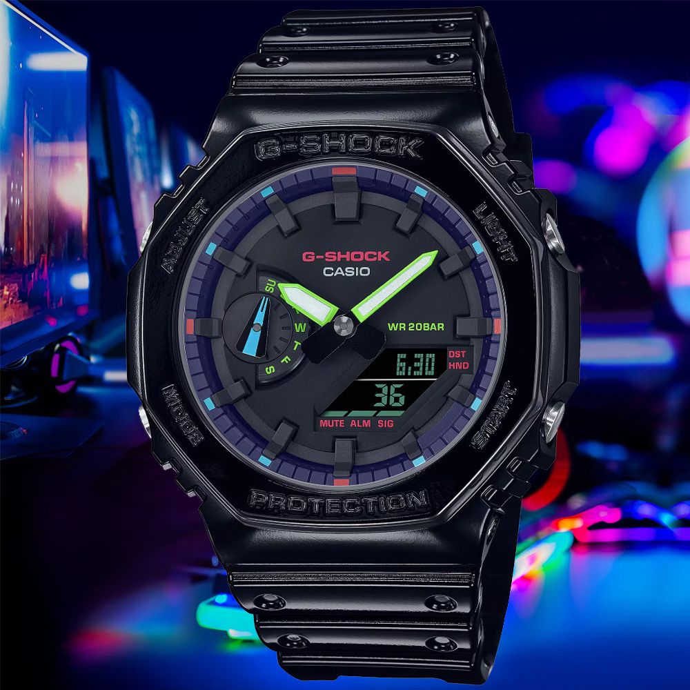 CASIO卡西歐G-SHOCK 農家橡樹虛擬彩虹雙顯腕錶GA-2100RGB-1A - PChome