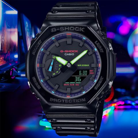 ▶新款到貨◀CASIO卡西歐 G-SHOCK 農家橡樹 虛擬彩虹雙顯腕錶 母親節 禮物 GA-2100RGB-1A