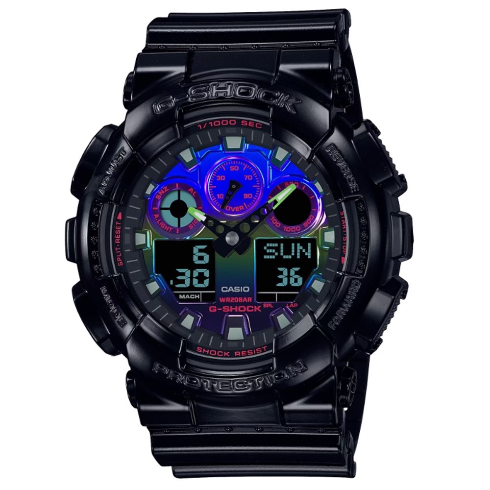 CASIO 卡西歐 G-SHOCK 電競美學 虛擬虹光 雙顯系列 GA-100RGB-1A_51.2mm