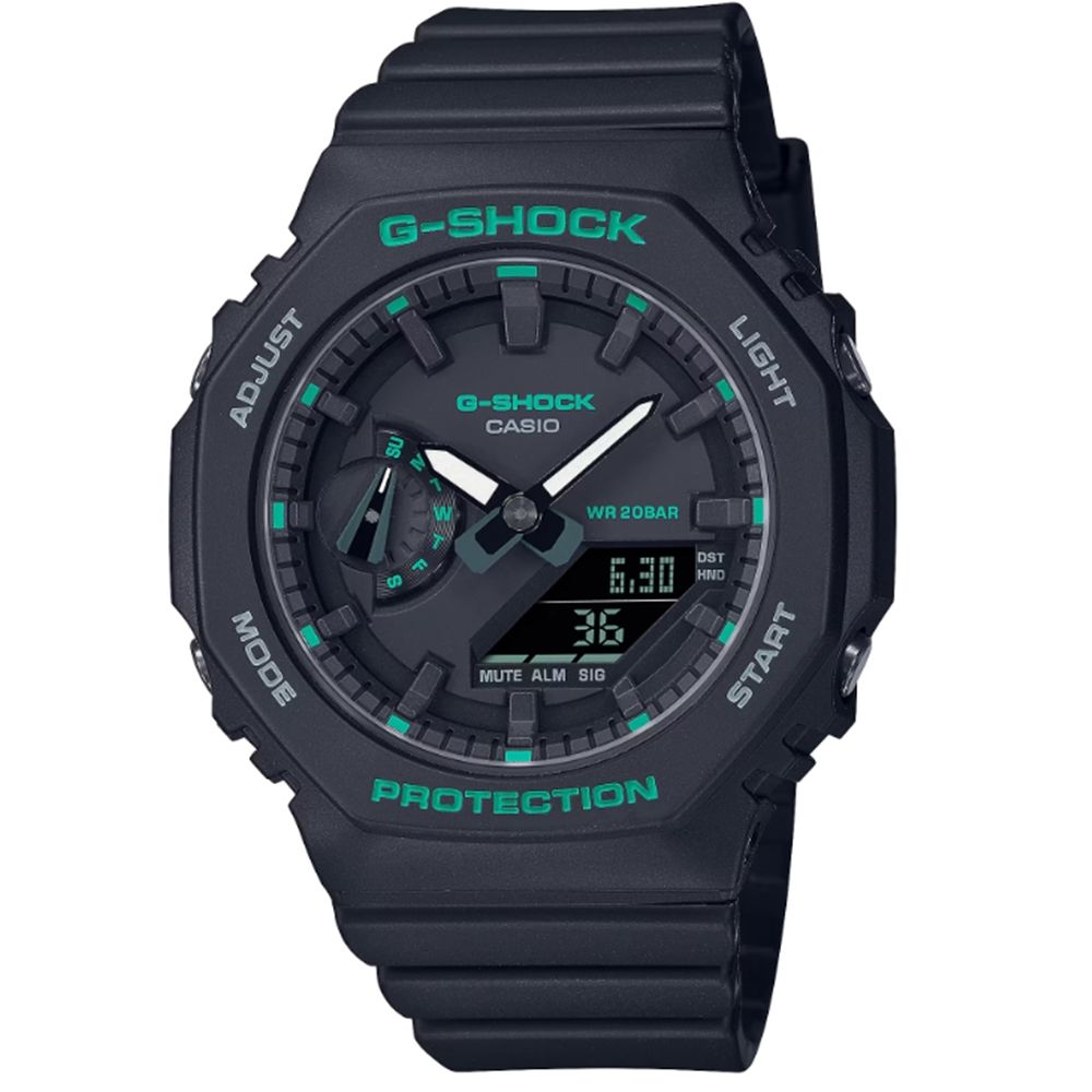 CASIO 卡西歐 G-SHOCK 簡約輕薄 現代綠時尚 個性黑 八角形錶殼 GMA-S2100GA-1A_42.9mm