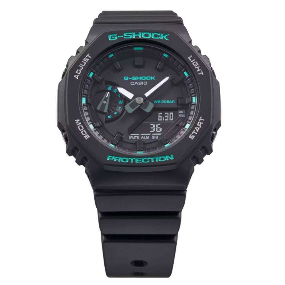 CASIO 卡西歐 G-SHOCK 簡約輕薄 現代綠時尚 個性黑 八角形錶殼 GMA-S2100GA-1A_42.9mm