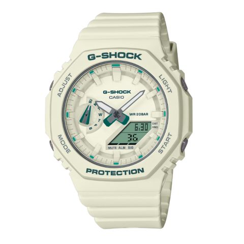 【CASIO 卡西歐】G-SHOCK 簡約輕薄 現代綠時尚 百搭米白 八角形錶殼 GMA-S2100GA-7A_42.9mm
