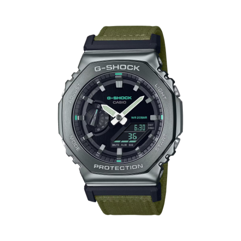 【CASIO G-SHOCK】Utility Metal系列金屬八角框編織腕錶-墨綠款/GM-2100CB-3A/台灣總代理公司貨享一年保固