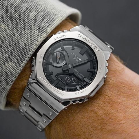 熱銷品牌▼日系手錶CASIO 卡西歐 G-SHOCK 八角農家橡樹 全金屬版 太陽能藍芽連線雙顯手錶-銀 GM-B2100D-1A