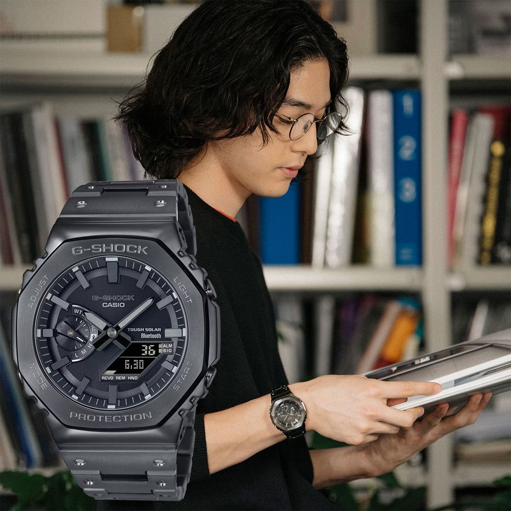 CASIO 卡西歐G-SHOCK 八角農家橡樹全金屬版太陽能藍芽連線雙顯手錶-黑