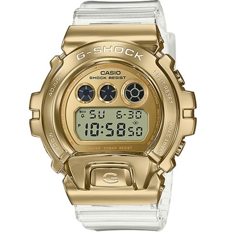 【CASIO 卡西歐】G-SHOCK 金屬錶圈 透明手錶-金色_GM-6900SG-9_49.7mm