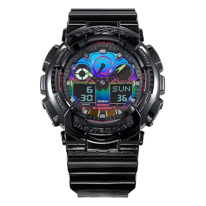 CASIO 卡西歐  G-SHOCK 虛擬彩虹系列 GA-100RGB-1A 兩百米防水 雙顯運動電子錶 亮面黑/炫彩