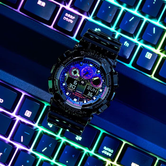 CASIO 卡西歐  G-SHOCK 虛擬彩虹系列 GA-100RGB-1A 兩百米防水 雙顯運動電子錶 亮面黑/炫彩