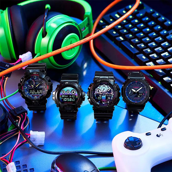 CASIO 卡西歐  G-SHOCK 虛擬彩虹系列 GA-100RGB-1A 兩百米防水 雙顯運動電子錶 亮面黑/炫彩