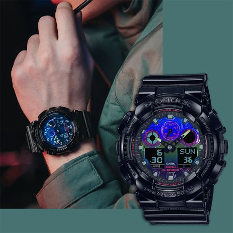 CASIO 卡西歐 G-SHOCK AI 探索虛擬彩虹系列雙顯手錶 GA-100RGB-1A