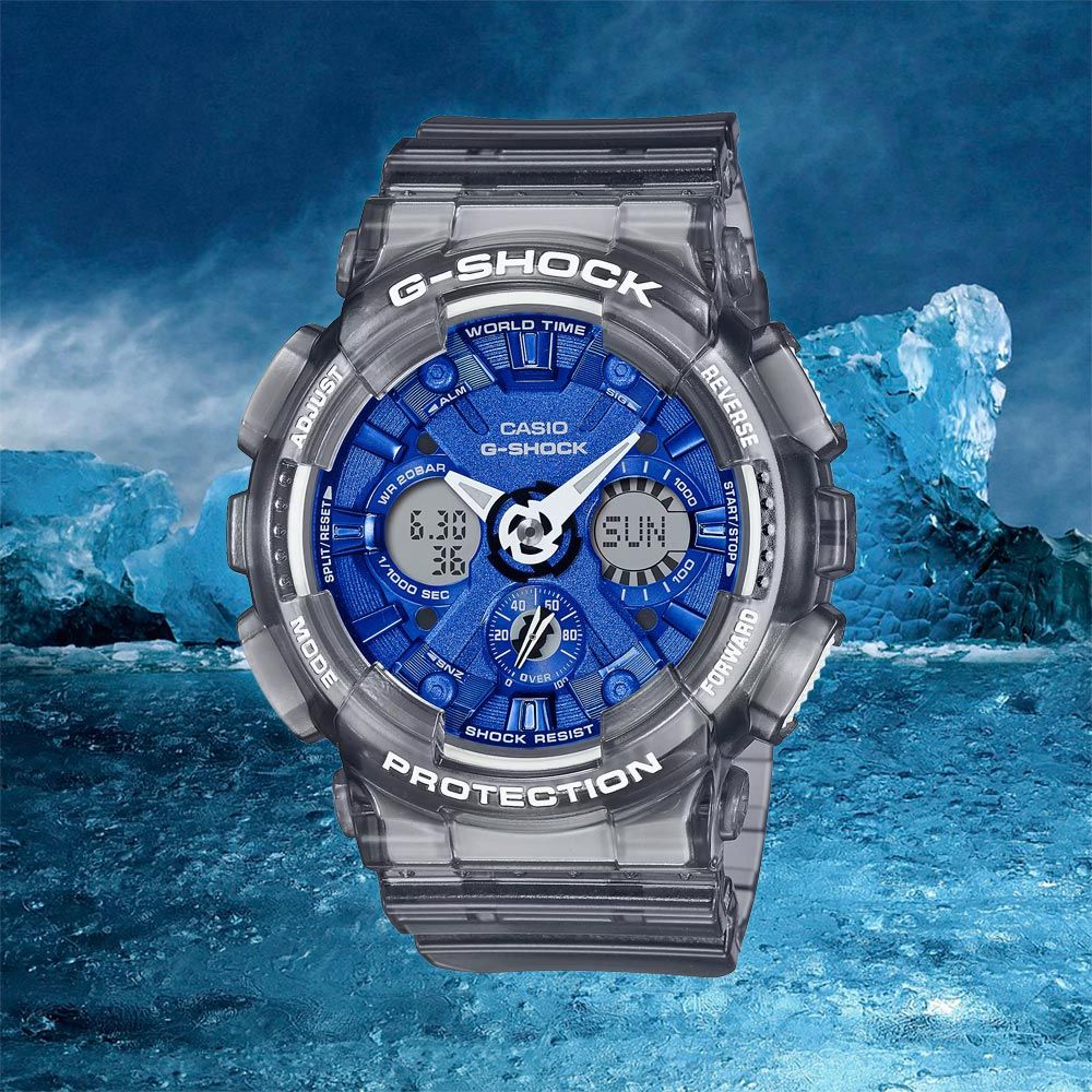 CASIO 卡西歐 G-SHOCK 冰藍 半透明雙顯手錶 GMA-S120TB-8A