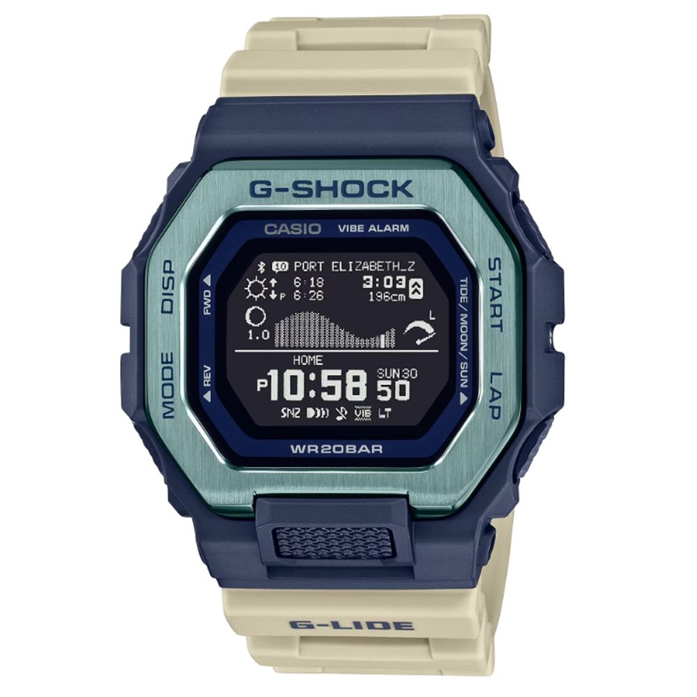 CASIO 卡西歐 G-SHOCK G-LIDE系列經典設計衝浪者潮汐電子錶_白X藍_GBX-100TT-2_46mm