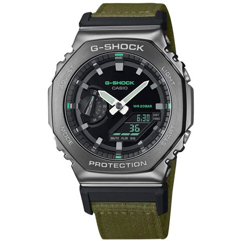 G-SHOCK CASIO / GM-2100CB-3A / 卡西歐 軍事風格 八角金屬 雙顯 防水200米 帆布手錶 黑x灰框x軍綠 45mm