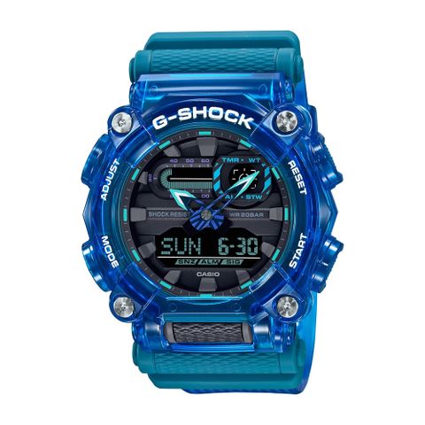 【CASIO 卡西歐】G-SHOCK 工業風格半透明雙顯手錶-透藍_GA-900SKL-2A_49.5mm