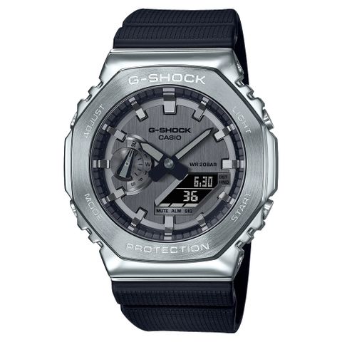 【CASIO 卡西歐】G-SHOCK 百搭銀黑 金屬錶殼 八角形錶殼 GM-2100-1A_44.4mm
