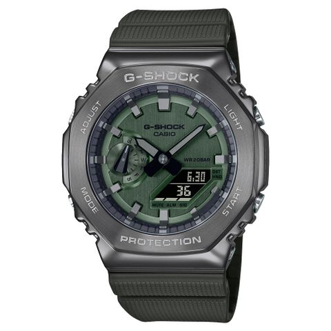 【CASIO 卡西歐】G-SHOCK 八角金屬錶殼 雙顯手錶-灰x綠_GM-2100B-3A_44.4mm