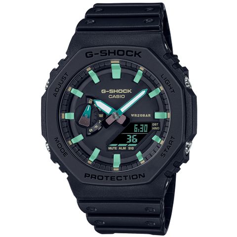 CASIO 卡西歐 G-SHOCK 八角錶殼耐衝擊運動雙顯橡膠腕錶/黑x綠指針(GA-2100RC-1A)