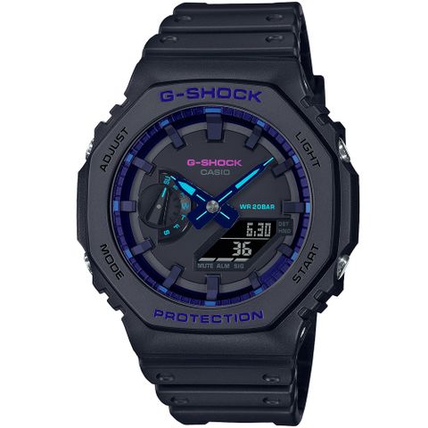 【CASIO 卡西歐】G-SHOCK 八角錶殼耐衝擊運動雙顯腕錶/黑x藍指針(GA-2100VB-1A)