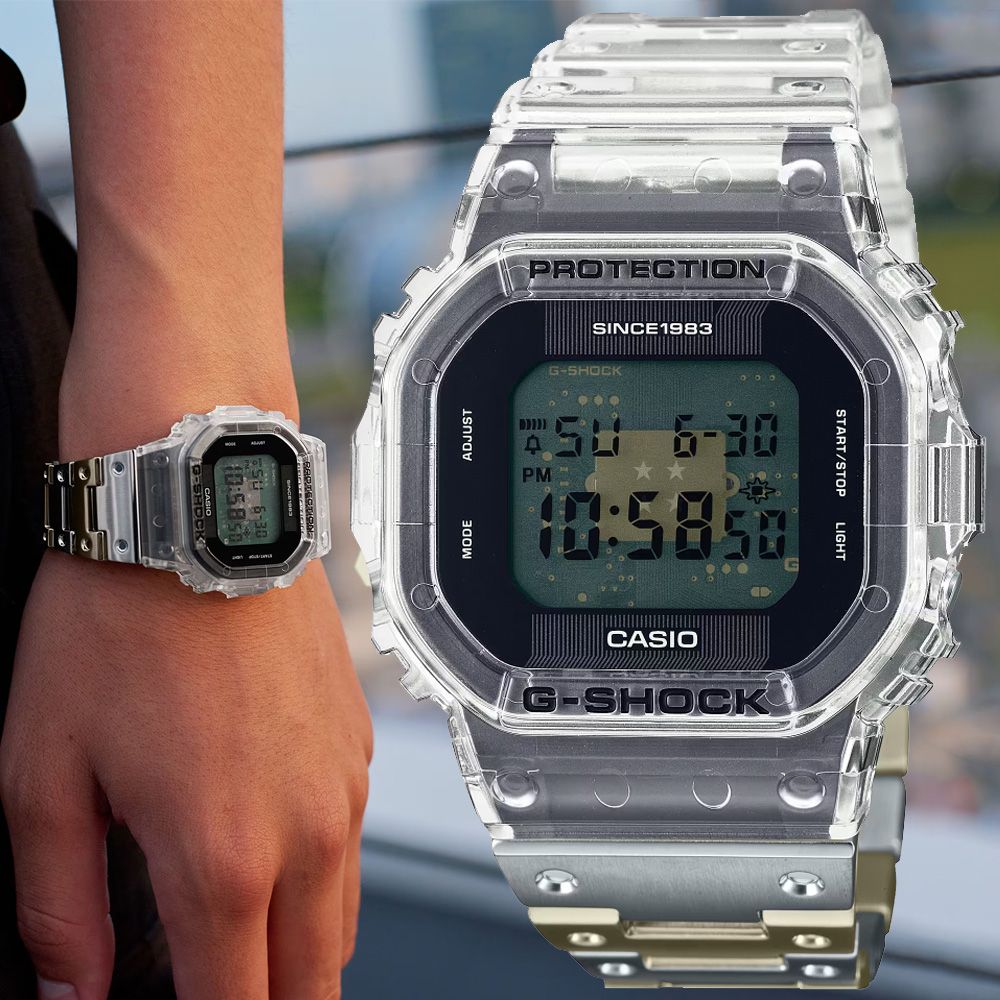 CASIO 卡西歐G-SHOCK 40週年限定透明錶面雙材質錶帶方形電子腕錶DWE