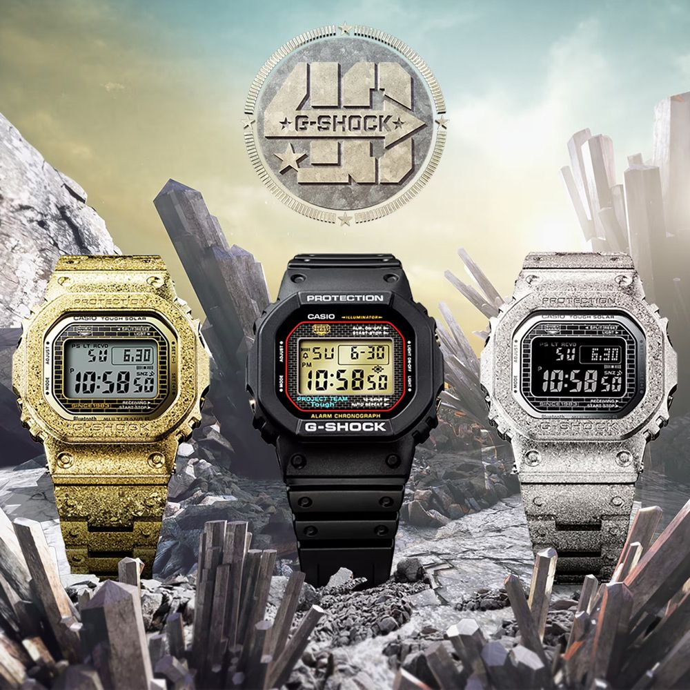 CASIO 卡西歐G-SHOCK 40周年限定太陽能智慧藍芽全金屬結晶質感方形電子