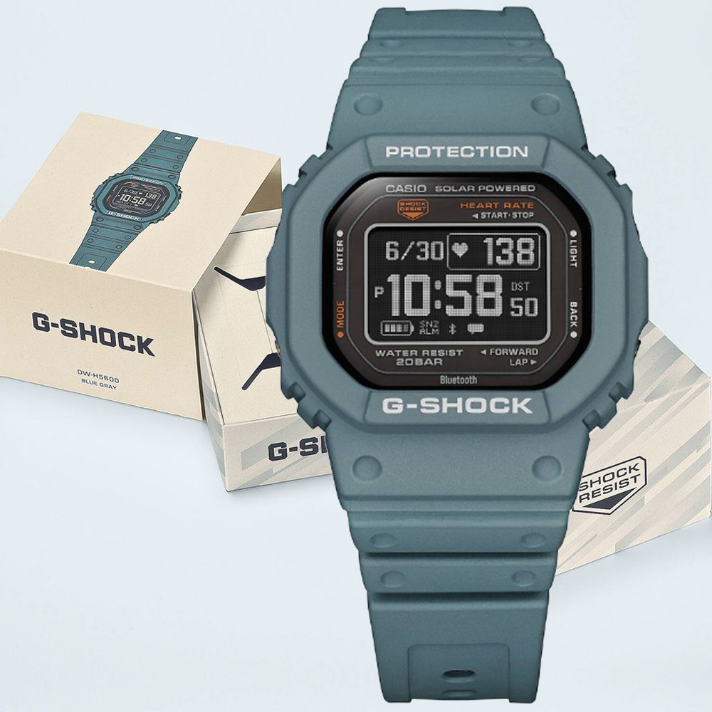 CASIO 卡西歐   G-SHOCK G-SQUAD 太陽能智慧藍芽 心率監測 多功能方形運動錶-灰藍(DW-H5600-2 防水200米)