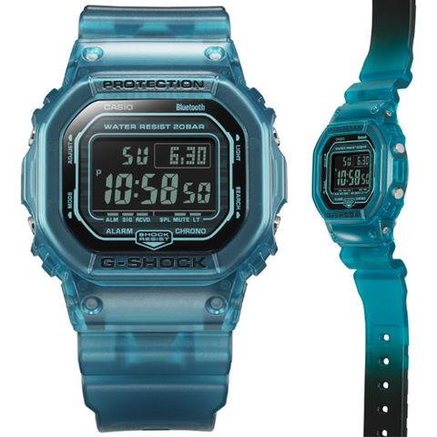 CASIO 卡西歐 G-SHOCK 智慧藍芽 半透明漸層配色方形電子錶-藍(DW-B5600G-2 防水200米)