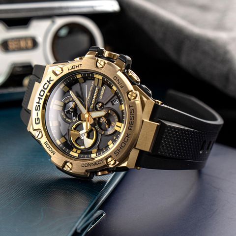 【CASIO 卡西歐】G-SHOCK G-STEEL系列 風潮黑金太陽能藍牙連線耐衝擊腕錶/黑x金框(GST-B100GB-1A9)