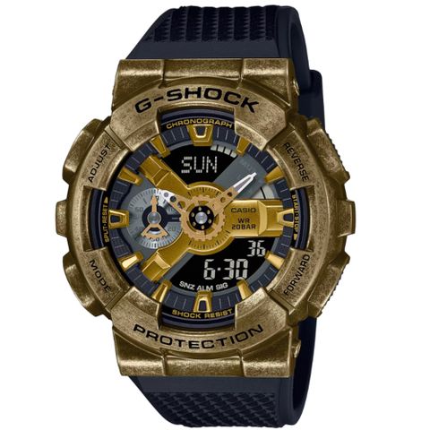 CASIO 卡西歐 G-SHOCK 復古未來銅色質感 金屬錶殼 人氣雙顯 黑X金_GM-110VG-1A9_48.8mm