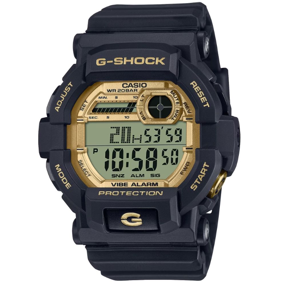 CASIO 卡西歐 G-SHOCK 震動 閃動響報 黑X金_GD-350GB-1_50.8mm